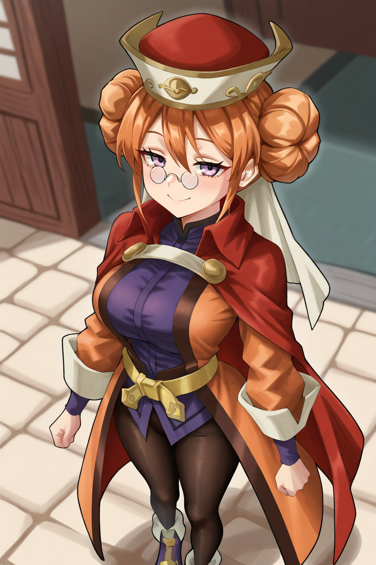 45743-419462014-_lora_EudyIL_0.8_, eudef, 1girl, purple eyes, orange hair, double bun, doughnut hair bun, (pince-nez glasses), red cape, hat, ve.png